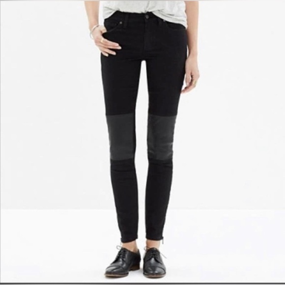 Madewell Leather Trim Skinny Skinny Jeans Leather Knees Ankle Zip Mid Rise Black - Picture 1 of 12